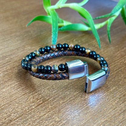 Tiger Eye Stone Leather Bracelet