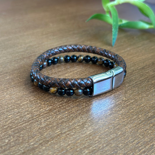 Tiger Eye Stone Leather Bracelet