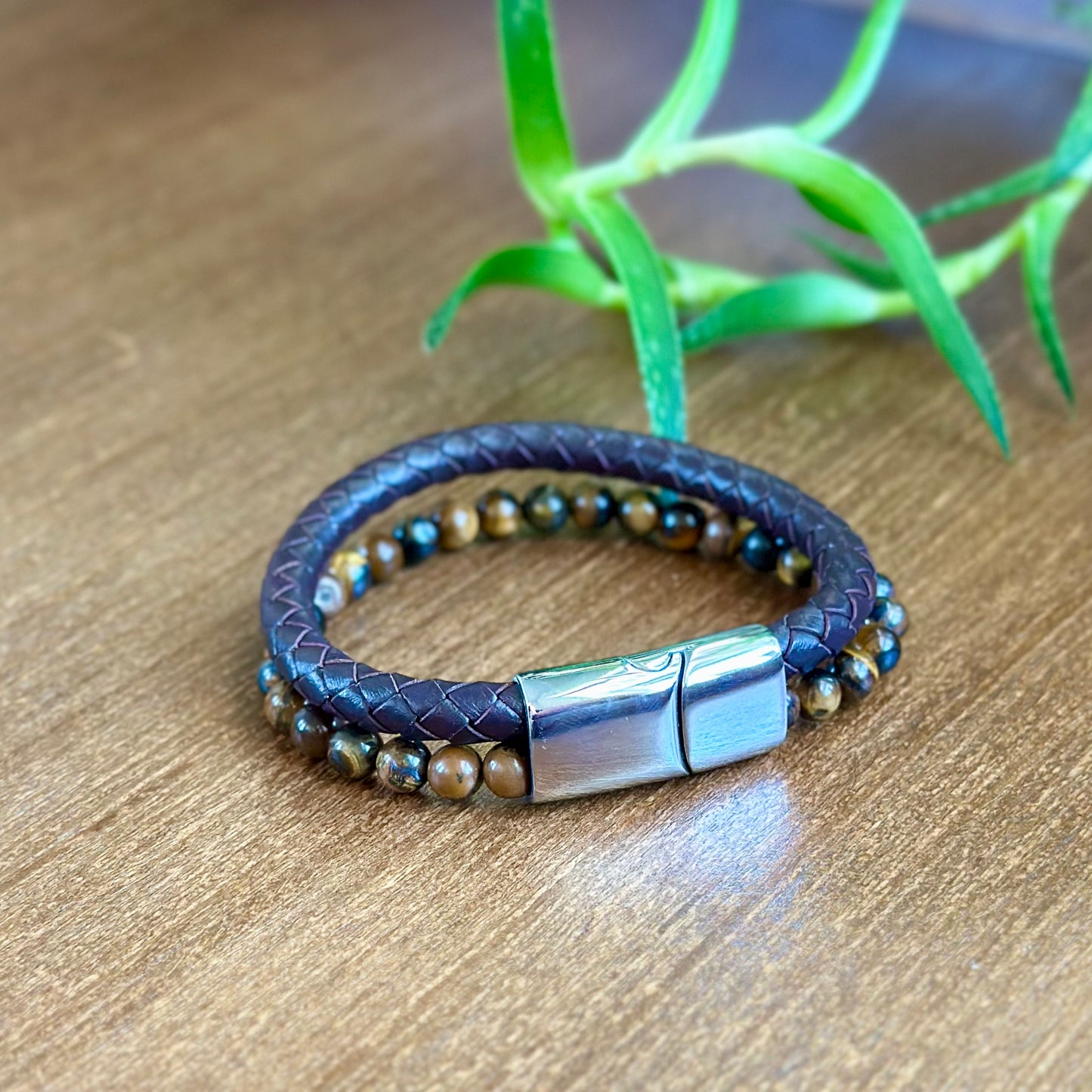 Tiger Eye Stone Leather Bracelet