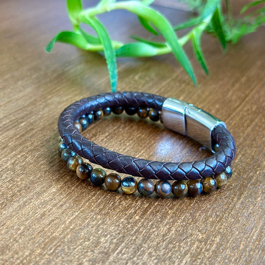 Tiger Eye Stone Leather Bracelet